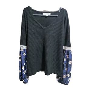 Jack & Avery Black Waffle Knit Puff Satin Sleeve V Neck Top Size L Goth Core